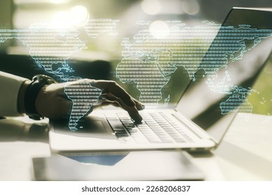 Multi exposure of abstract creative digital world map and hands typing on computer keyboard on background, tourism and traveling concept