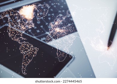 Multi exposure of abstract creative digital world map on laptop background, research and analytics concept