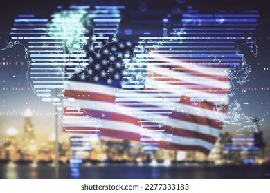 Multi exposure of abstract creative digital world map hologram on USA flag and blurry skyscrapers background, research and analytics concept