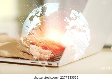 Multi exposure of abstract creative digital world map and hand typing on computer keyboard on background, research and analytics concept