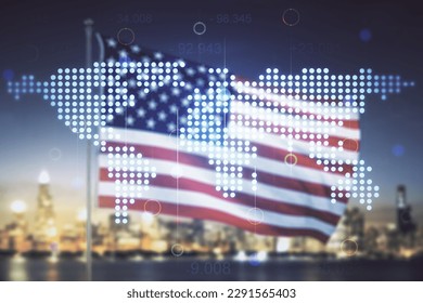 Multi exposure of abstract creative digital world map hologram on USA flag and blurry skyscrapers background, research and analytics concept