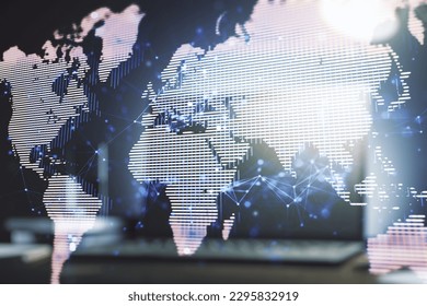 Multi exposure of abstract creative digital world map on modern laptop background, tourism and traveling concept concept