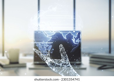 Multi exposure of abstract creative digital world map on laptop background, research and analytics concept