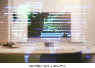Multi exposure of abstract creative digital world map on laptop background, research and analytics concept
