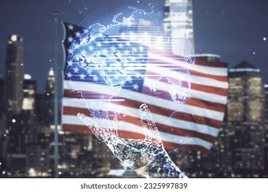 Multi exposure of abstract creative digital world map hologram on USA flag and blurry skyscrapers background, research and analytics concept