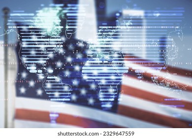 Multi exposure of abstract creative digital world map hologram on USA flag and blurry cityscape background, tourism and traveling concept