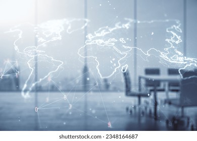 Multi exposure of abstract creative digital world map hologram on a modern meeting room background, research and analytics concept