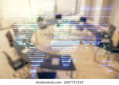 Multi exposure of abstract creative digital world map hologram on a modern meeting room background, research and analytics concept