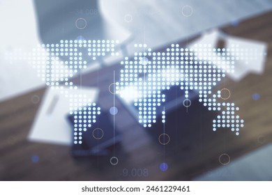 Multi exposure of abstract creative digital world map and modern desktop with computer on background, tourism and traveling concept