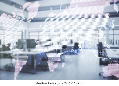 Multi exposure of abstract creative digital world map hologram on a modern furnished office background, tourism and traveling concept