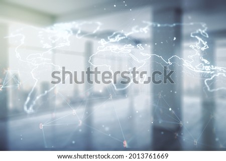 Multi exposure of abstract creative digital world map hologram on empty modern office background, research and analytics concept