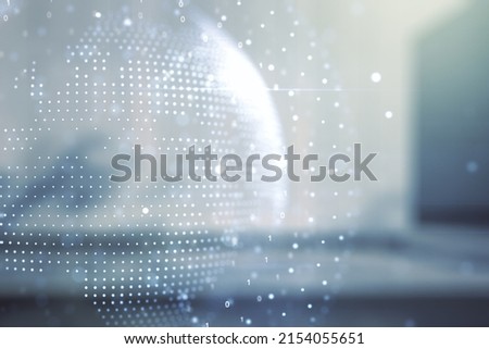 Multi exposure of abstract creative digital world map hologram on blurry modern office building background, tourism and traveling concept