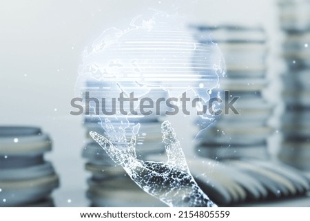 Multi exposure of abstract creative digital world map hologram on growing stacks of coins background, research and analytics concept