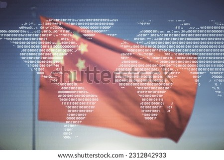 Multi exposure of abstract creative digital world map hologram on flag of China and sunset sky background, tourism and traveling concept