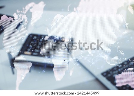 Multi exposure of abstract creative digital world map hologram on calculator and laptop background, tourism and traveling concept