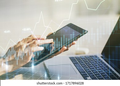 Multi exposure of abstract creative financial graph with finger presses on a digital tablet on background, forex and investment concept
