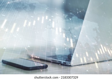 Multi exposure of abstract creative financial chart with world map on laptop background, research and analytics concept