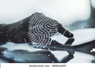 Multi exposure of abstract creative fingerprint illustration with finger presses on a digital tablet on background, digital access concept