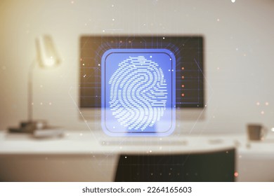 Multi exposure of abstract creative fingerprint illustration on modern laptop background, digital access concept