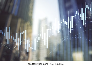 Multi Exposure Of Abstract Financial Chart On Office Buildings Background, Research And Analytics Concept