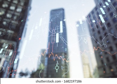 Multi exposure of abstract financial diagram with world map on office buildings background, banking and accounting concept