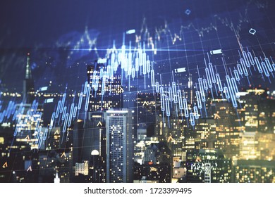 Multi exposure of abstract financial diagram and world map on San Francisco office buildings background, banking and accounting concept