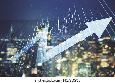 Multi exposure of abstract financial diagram and upward arrow on blurry office buildings background, rise and breakthrough concept