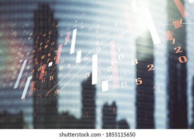 Multi exposure of abstract financial diagram on office buildings background, banking and accounting concept