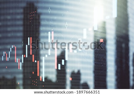 Multi exposure of abstract financial diagram on office buildings background, banking and accounting concept