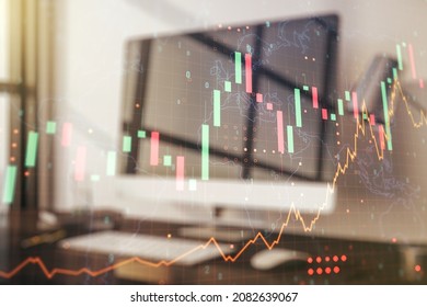 Multi exposure of abstract financial graph with world map on modern computer background, financial and trading concept