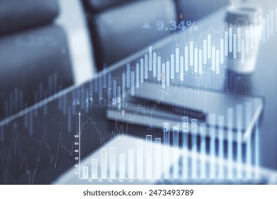 Multi exposure of abstract financial graph on laptop background, financial and trading concept