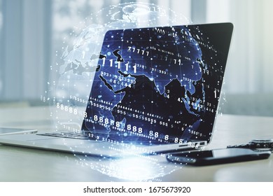 Multi exposure of abstract graphic coding sketch with world map on modern computer background, big data and networking concept