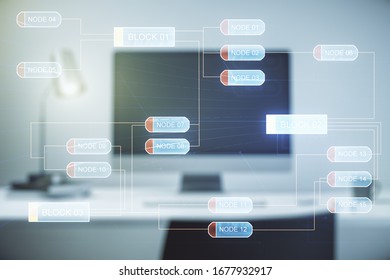 Multi exposure of abstract graphic coding sketch on modern computer background, big data and networking concept