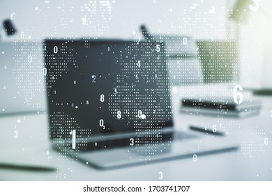 Multi exposure of abstract graphic coding sketch with world map on modern computer background, big data and networking concept