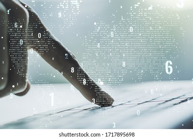 Multi exposure of abstract graphic coding sketch with world map and hands typing on computer keyboard on background, big data and networking concept