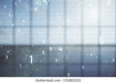 Multi exposure of abstract graphic coding sketch and world map on modern interior background, big data and networking concept