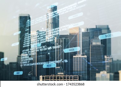 Multi exposure of abstract graphic coding sketch on Los Angeles cityscape background, big data and networking concept