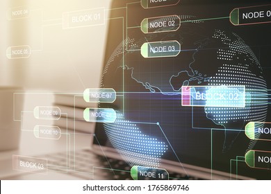Multi exposure of abstract graphic coding sketch with world map on modern computer background, big data and networking concept