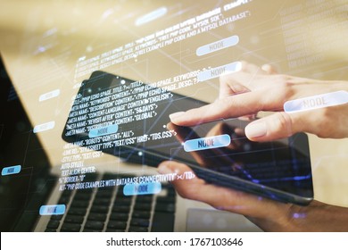 Multi exposure of abstract graphic coding sketch and hand working with a digital tablet on background, big data and networking concept