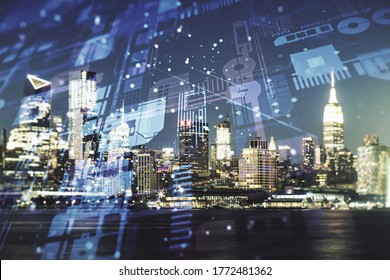 Multi exposure of abstract graphic coding sketch on Manhattan cityscape background, big data and networking concept