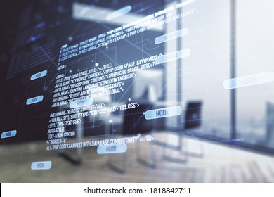 Multi exposure of abstract graphic coding sketch and modern desktop with pc on background, big data and networking concept