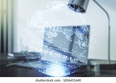 Multi exposure of abstract graphic coding sketch with world map on modern computer background, big data and networking concept