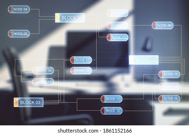 Multi exposure of abstract graphic coding sketch and modern desktop with pc on background, big data and networking concept