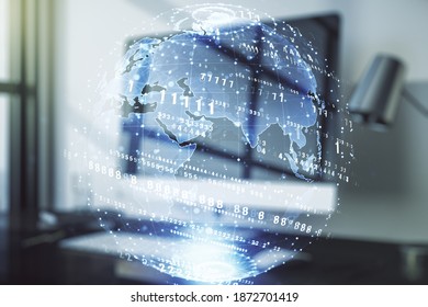 Multi exposure of abstract graphic coding sketch with world map on modern computer background, big data and networking concept