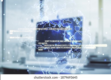 Multi exposure of abstract graphic coding sketch with world map on modern computer background, big data and networking concept