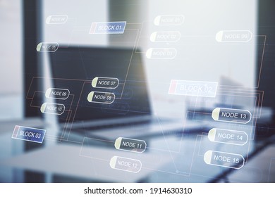 Multi exposure of abstract graphic coding sketch on modern computer background, big data and networking concept