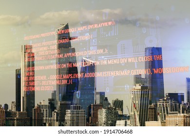 Multi exposure of abstract graphic coding sketch on Manhattan cityscape background, big data and networking concept