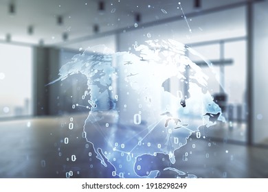 Multi exposure of abstract graphic coding sketch and world map on a modern furnished classroom background, big data and networking concept