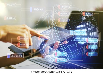 Multi exposure of abstract graphic coding sketch with world map and hand working with a digital tablet on background, big data and networking concept