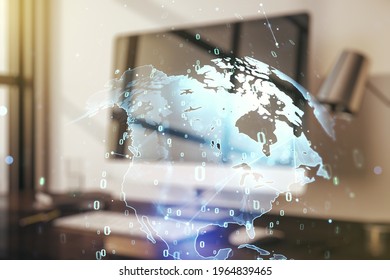 Multi exposure of abstract graphic coding sketch with world map on modern computer background, big data and networking concept